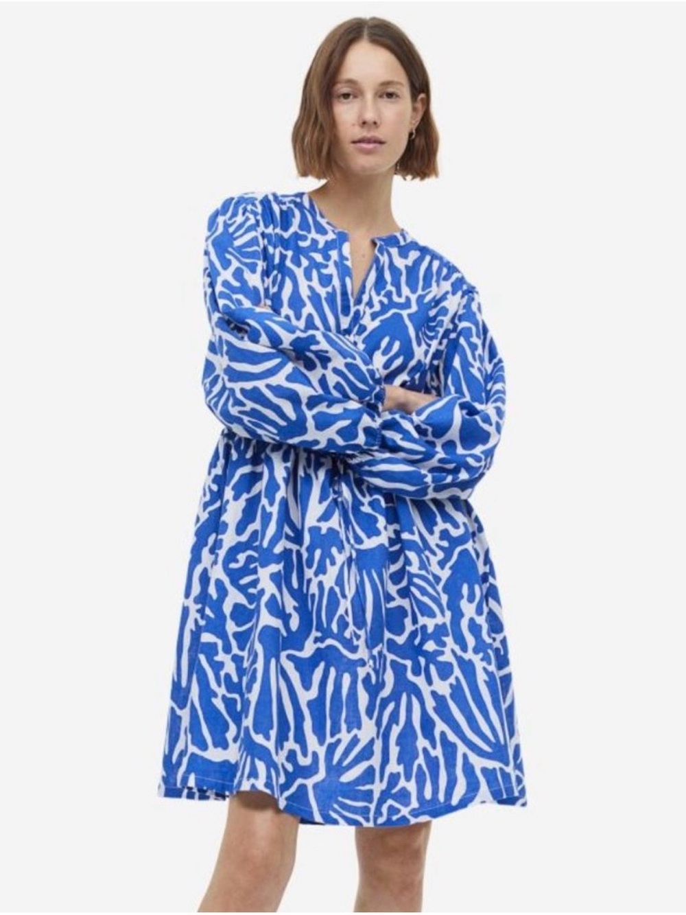 H&M Dress Linen Blend Blue and White